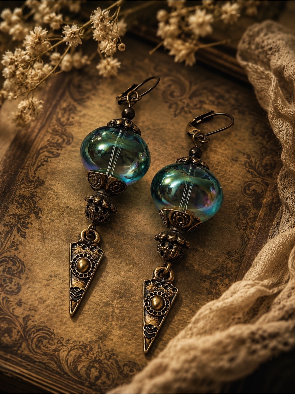 Boho Iridescent Czech Glass Earrings • Antique Copper Dangle • Artisan Style MTO